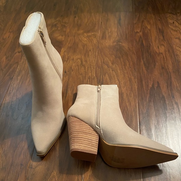 Womens Beige Suede Ankle Booties with Block Heel - Picture 6 of 7